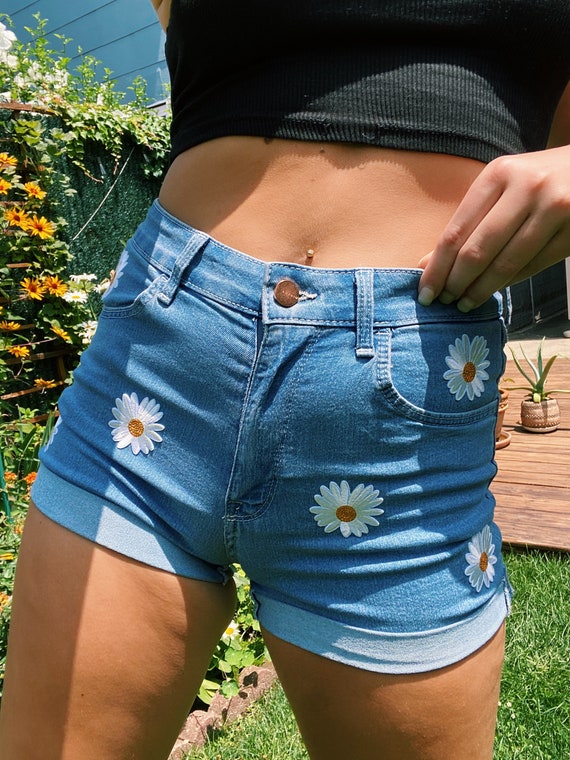 Flower printed denim shorts Daisy patch denim shorts | Etsy