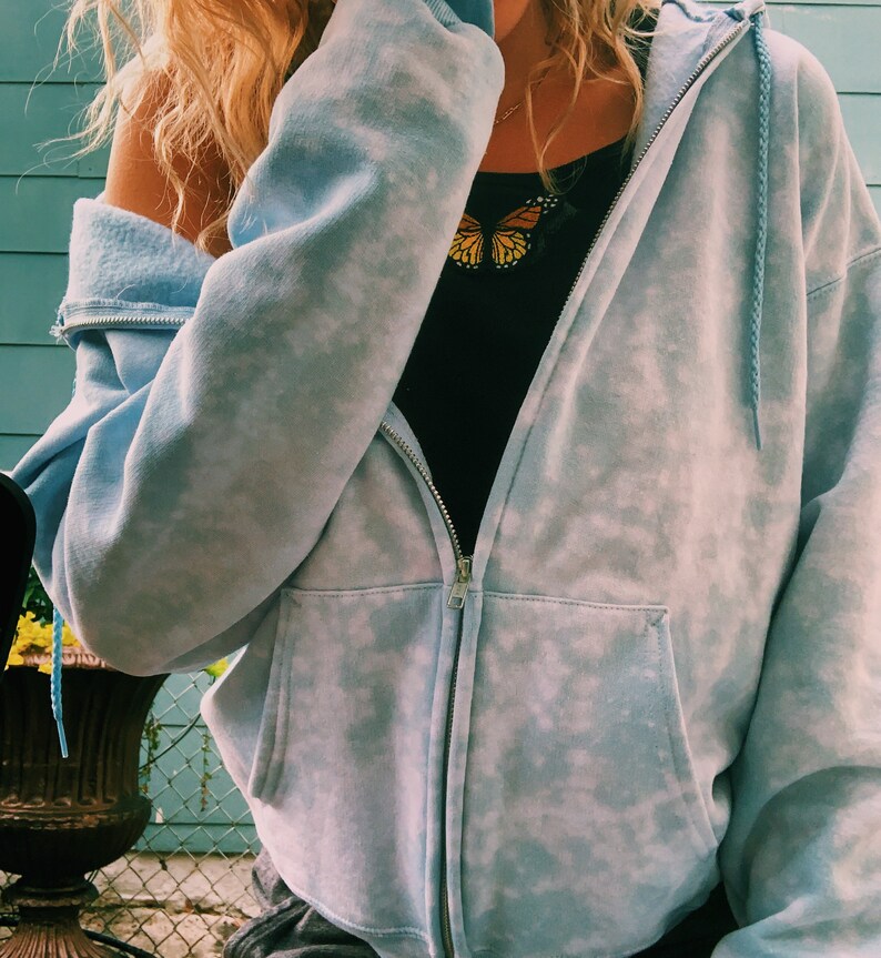 Tie die blue hoodie zip up Bleached sweatshirt Distressed Etsy