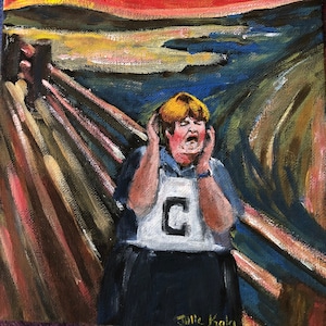 May include: An oil painting parody of Edvard Munch's "The Scream." The central figure wears a netball bib with a "C". The background features a sunset with red, orange, and yellow hues. The painting is signed "Jolie Kala".