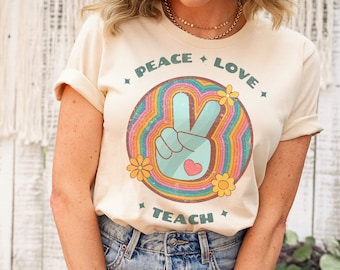 Peace Love Teach, chemises de professeur mignons, cadeau vintage rétro pour nouveau professeur, choisissez la gentillesse, le look social, l'ambiance des années 70, étudiant diplômé diplômé