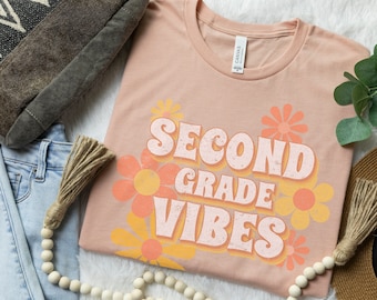 Second Grade Teacher Shirts 2nd grade teacher tee Elementary back to school Retro Vintage second grader teach gift grade level cute vibes