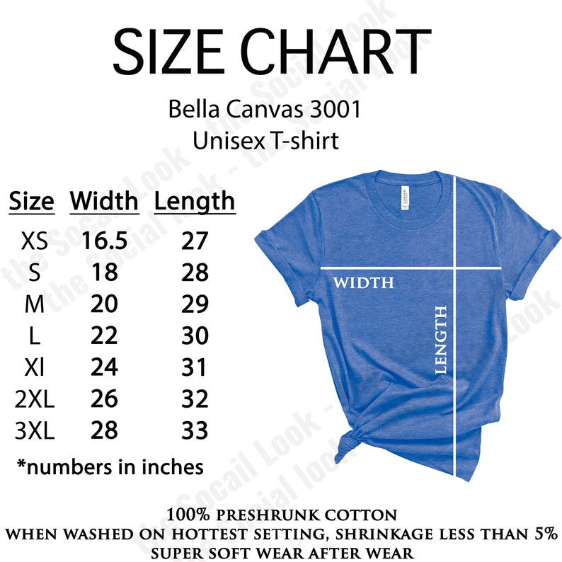 Bella Canvas 3001 Size Chart Mockup Sizing Chart Bella | Etsy