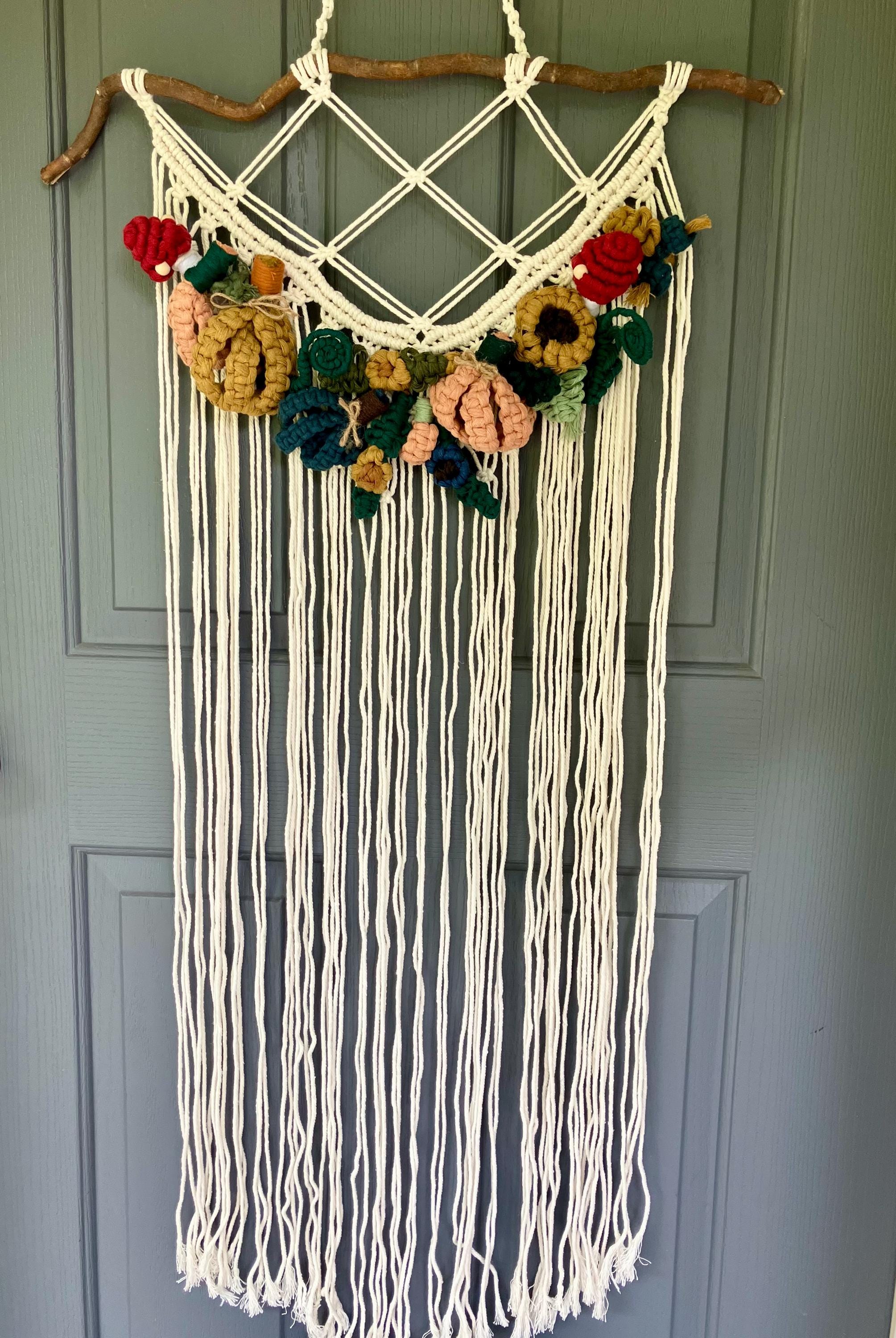 Macramé Harvest Hanging | Whimsical Macramé Mushrooms, Sunflowers, Pumpkins and Vines