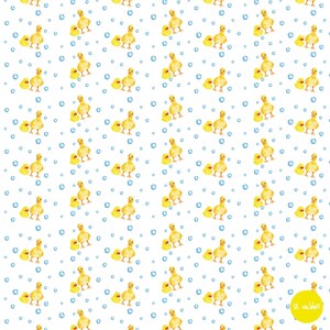 May include: A seamless pattern featuring yellow rubber duckies with blue bubbles on a white background. The duckies are arranged in a repeating pattern, with each duckie facing the same direction. The bubbles are scattered randomly throughout the pattern.