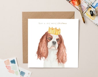 King Charles Cavalier with Crown Christmas Card with Gold Foil