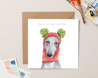 Greyhound in Wooly Hat Christmas Card