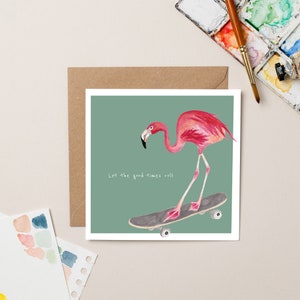 Verjaardagskaart flamingo op skateboard