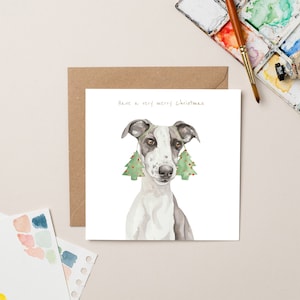 Lurcher with Tree Ears Tarjeta de Navidad con lámina dorada