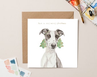 Lurcher with Tree Ears Christmas Card with Gold Foil