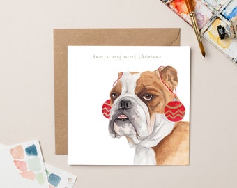 Bulldog with Bauble Ears Christmas Card with Gold Foil