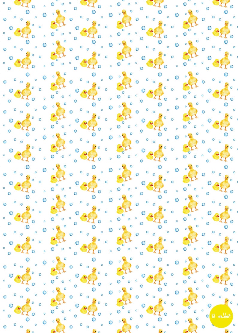 May include: A seamless pattern featuring yellow rubber duckies with blue bubbles on a white background. The duckies are arranged in a repeating pattern, with each duckie facing the same direction. The bubbles are scattered randomly throughout the pattern.