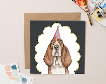 Biglietto di auguri per feste Basset Hound con lamina d'oro