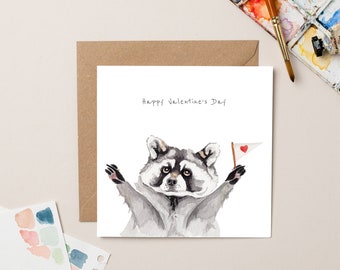 Raccoon with Heart Flag Valentine's card