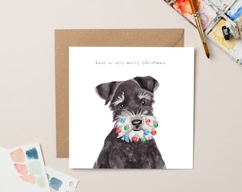Schnauzer Weihnachtskarte | Bauble Bart Hund Karte | Aquarell Weihnachtskarte | Handgefertigte Haustier Weihnachtskarte | Lustiger Hund Grußkarte Geschenk