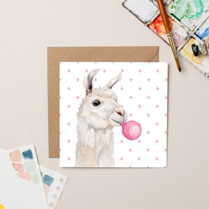 Lama met kauwgomkaart