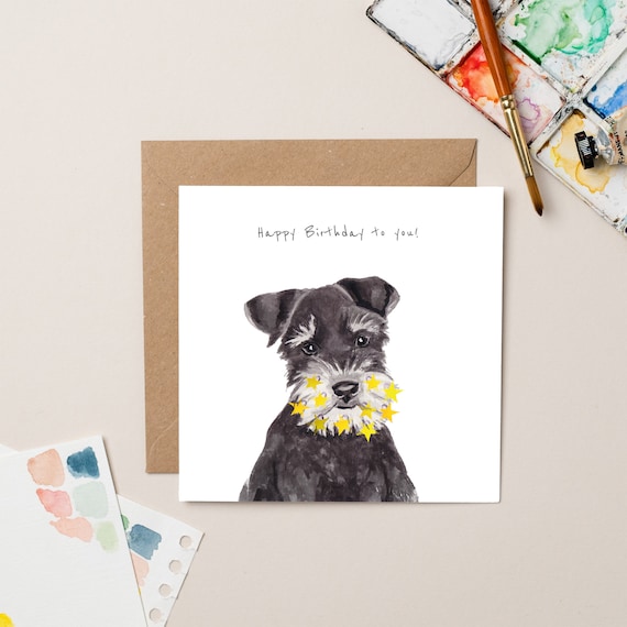 Schnauzer Birthday Card | Star Beard Dog Card | Watercolour Birthday Greeting | UK Handmade Pet Birthday Card | Cute Schnauzer Card Gift