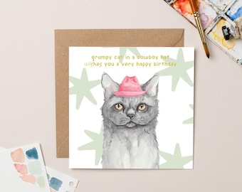 Grumpy Cat Cowboy Hat Birthday card with Gold Foil