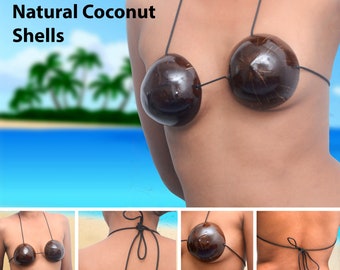 Handmade Customizable Luau Natural Coconut Shell Bras Hawaii Beach Bikini Brassieres Lingerie with Adjustable Codes Strips Polynesian Party