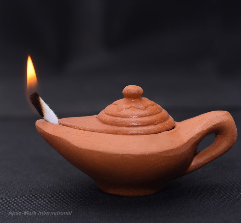 Aladdin Clay Oil Lamp Diyas Pot Handmade Separate Lid Self Handle Home Yoga Meditation Lighting Free 20 wicks Slab Clay Home Room Decors image 3