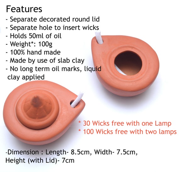 Clay Oil Lamps for Home, Room Décor Oil Lamp Handmade Round Decorated  Separate Lid With Free Wicks 