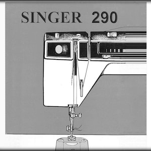 Peut inclure: Illustration en noir et blanc d'une machine à coudre Singer 290. La machine a un corps blanc et une aiguille noire.