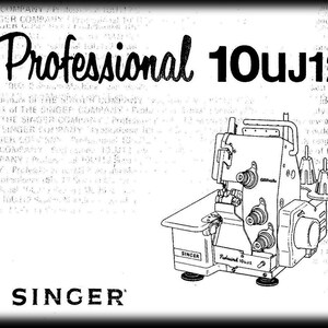 Może przedstawiać: Czarno-biały rysunek maszyny do szycia Singer Professional 10uJ12. Maszyna posiada pedał nożny i nawlekacz igły.