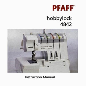 Op de afbeelding: Een witte Pfaff hobbylock 4842 overlock naaimachine met een zwart Pfaff logo en een witte handleiding. De machine heeft een transparante kunststof afdekking over het naaldgebied en verschillende steekopties.