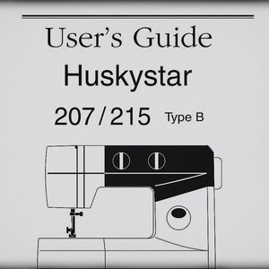 Puede incluir: Dibujo en blanco y negro de una máquina de coser Huskystar 207/215 Tipo B. La máquina tiene una parte superior negra con dos botones redondos y un cuerpo blanco.