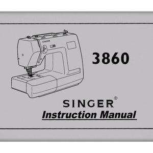 Puede incluir: Ilustración de una máquina de coser Singer 3860 sobre un fondo gris. La imagen incluye el texto "SINGER Instruction Manual" y el número "3860" en negrita.