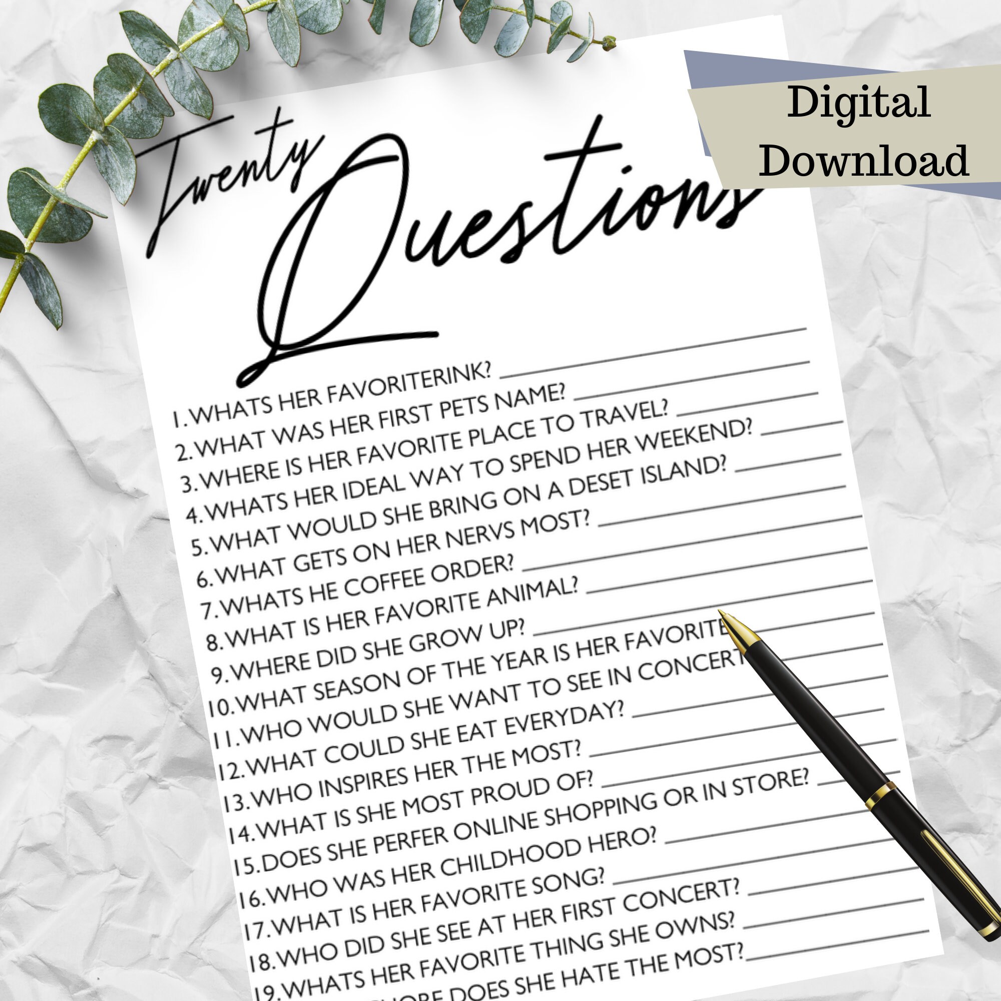 Twenty QuestionsInteractiveBridal Shower GameFun Shower Etsy