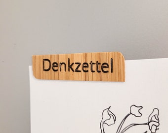 Real wood magnet with engraving "Denkzettel" oak wood, wood magnet for refrigerator and other funny places
