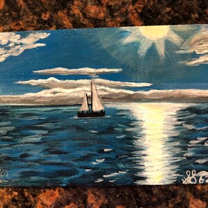 Zeilen bij zonsondergang acryl hand geschilderde postkaart