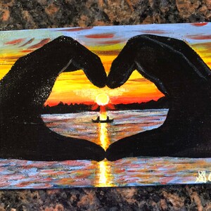Hand hart zonsondergang acryl hand geschilderde post kaart