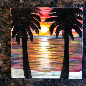 Tropische zonsondergang hand geschilderd koelkast magneet acryl schilderij