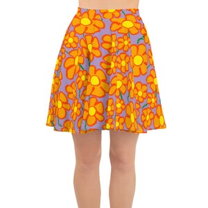 Orangeflower Pattern on Purple - AOP Skater Skirt. Casual colourful party skirt with a 60&#39;s & 70&#39;s groovy hippy, retro floral style!