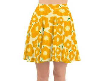 Hippy Orangeflower Pattern on Yellow - AOP Skater Skirt. Bright and sunny party skirt with a 60's & 70's groovy hippy, retro floral style!