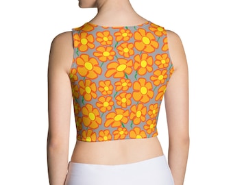 Orangeflower Pattern Med Gray - AOP Crop Top for lovers of groovy orange & yellow flowers this cool sleeveless top is a go-to for mod style