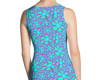 May include: A sleeveless tank top with a blue background and a repeating pattern of bright turquoise and magenta flowers.
