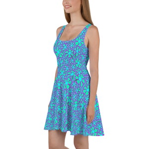Greenflower Pattern on Blue - AOP Skater Dress. Fun great spring or summer party dress with a 60&#39;s & 70&#39;s groovy hippy, retro floral style!