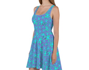 Greenflower Pattern on Blue - AOP Skater Dress. Fun great spring or summer party dress with a 60's & 70's groovy hippy, retro floral style!