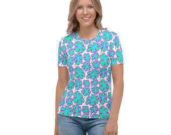 Greenflower Pattern on White - Women's AOP T-shirt for lovers of groovy green blue flowers this comfortable bright tee is a dream come true