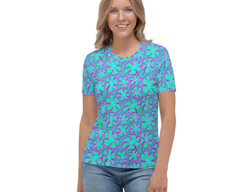 Greenflower Pattern on Blue - AOP Women's T-shirt for lovers of cute mod styles & bright flower power energy for active girl fun and games!