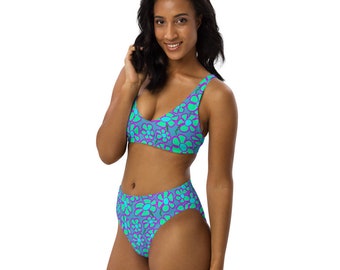 Greenflower Pattern on Blue - Recycled AOP High-Waisted Bikini - a cute swimsuit for hippies, lovers of flowers, sunshine & the environment!