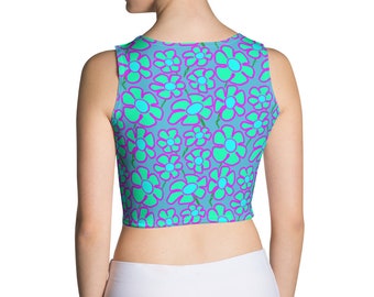 Greenflower Pattern on Blue - AOP Crop Top for lovers of groovy green blue flowers this cool sleeveless top is a go-to for cute mod style
