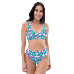 Greenflower Pattern on White - Recycled AOP High-Waisted Bikini. A cute swimsuit for hippies, lovers of flowers, sunshine & the environment!
