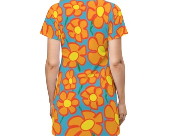 Orangeflower Pattern on Cyan - AOP T-Shirt Dress for happy hippy chicks! A casual spring or summer party dress with retro mod style!