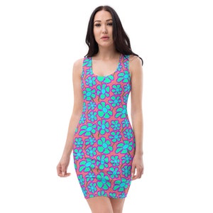 Greenflower Pattern on Pink - AOP Fitted Dress for lovers of cute mod styles! Bright flower power energy for active girl fun and games!