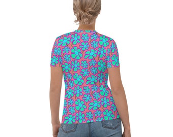 Greenflower Pattern on Pink - AOP Women's T-shirt for lovers of cute mod styles & bright flower power energy for active girl fun and games!