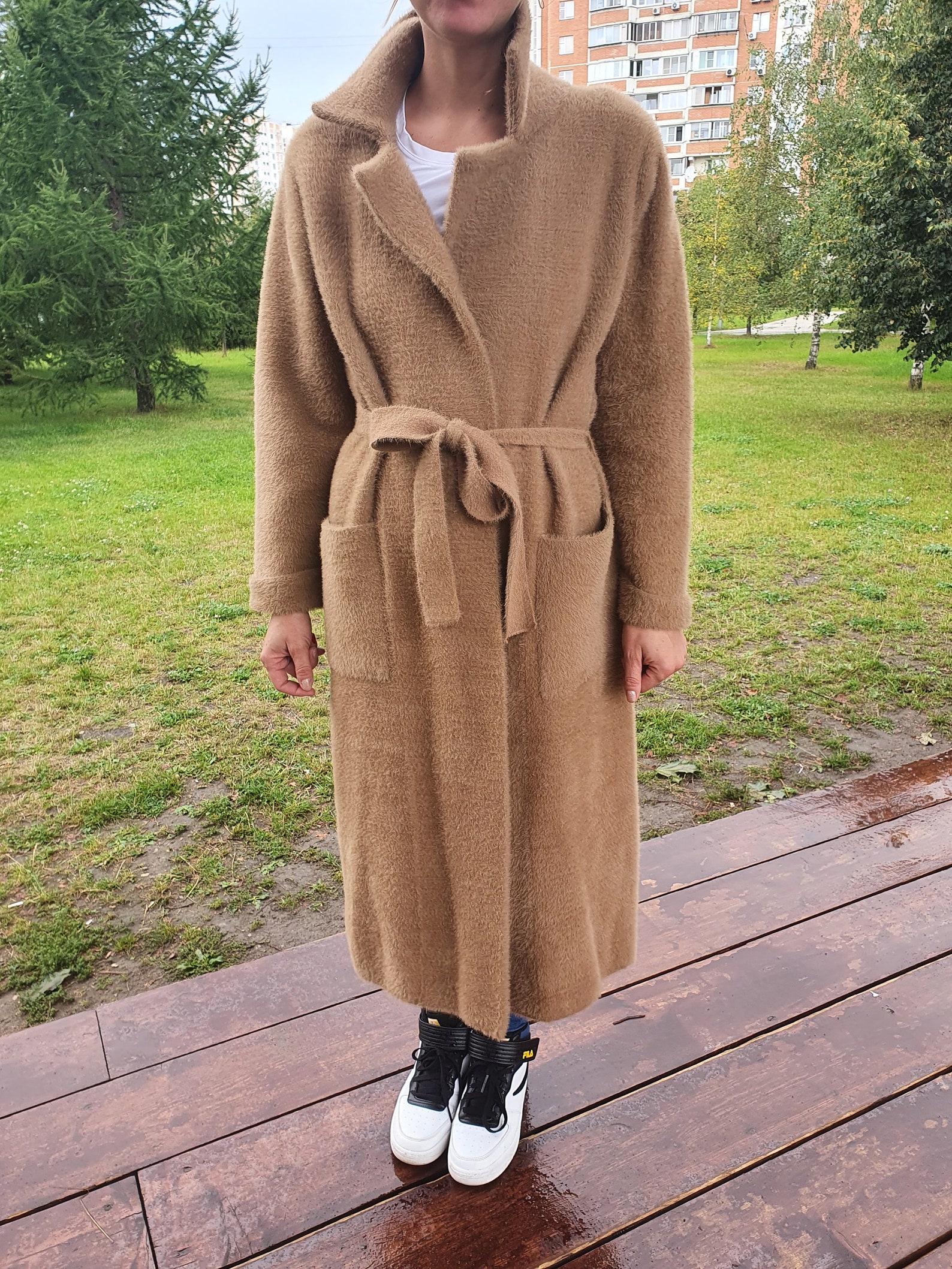 oversized camel wool coat