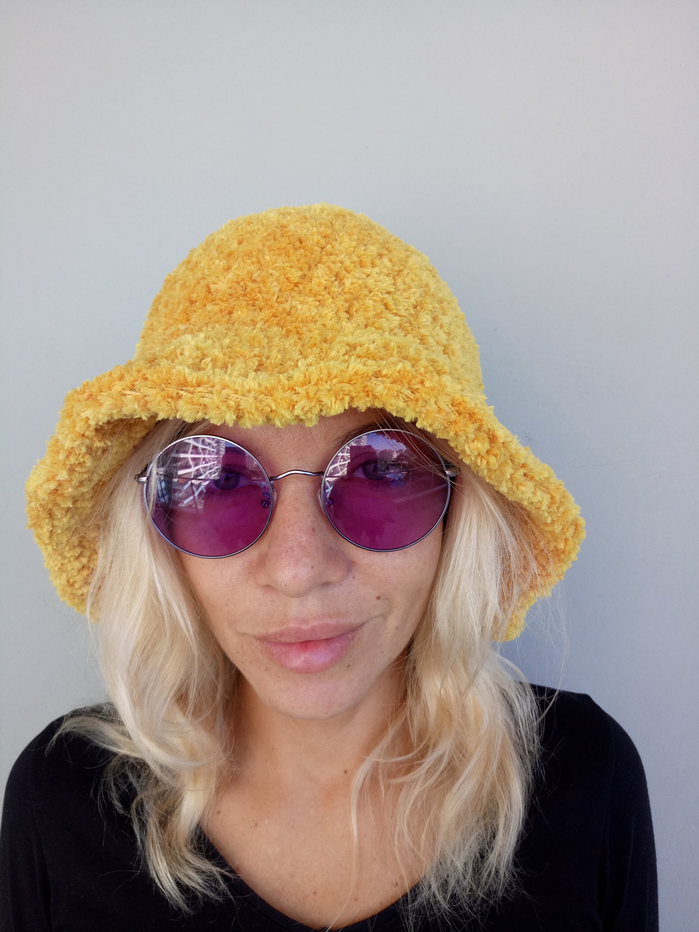 Crochet Bucket Hat Fluffy Bucket Hat Oversized Yellow Faux Fur Etsy UK